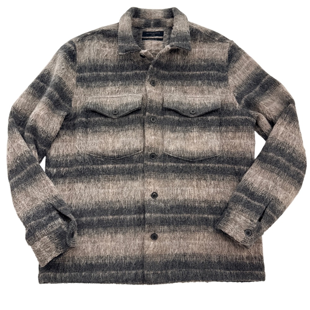 AllSaints Hatch Shirt Jacket Mens Large Grey Ombre Striped Wool Blend Shacket